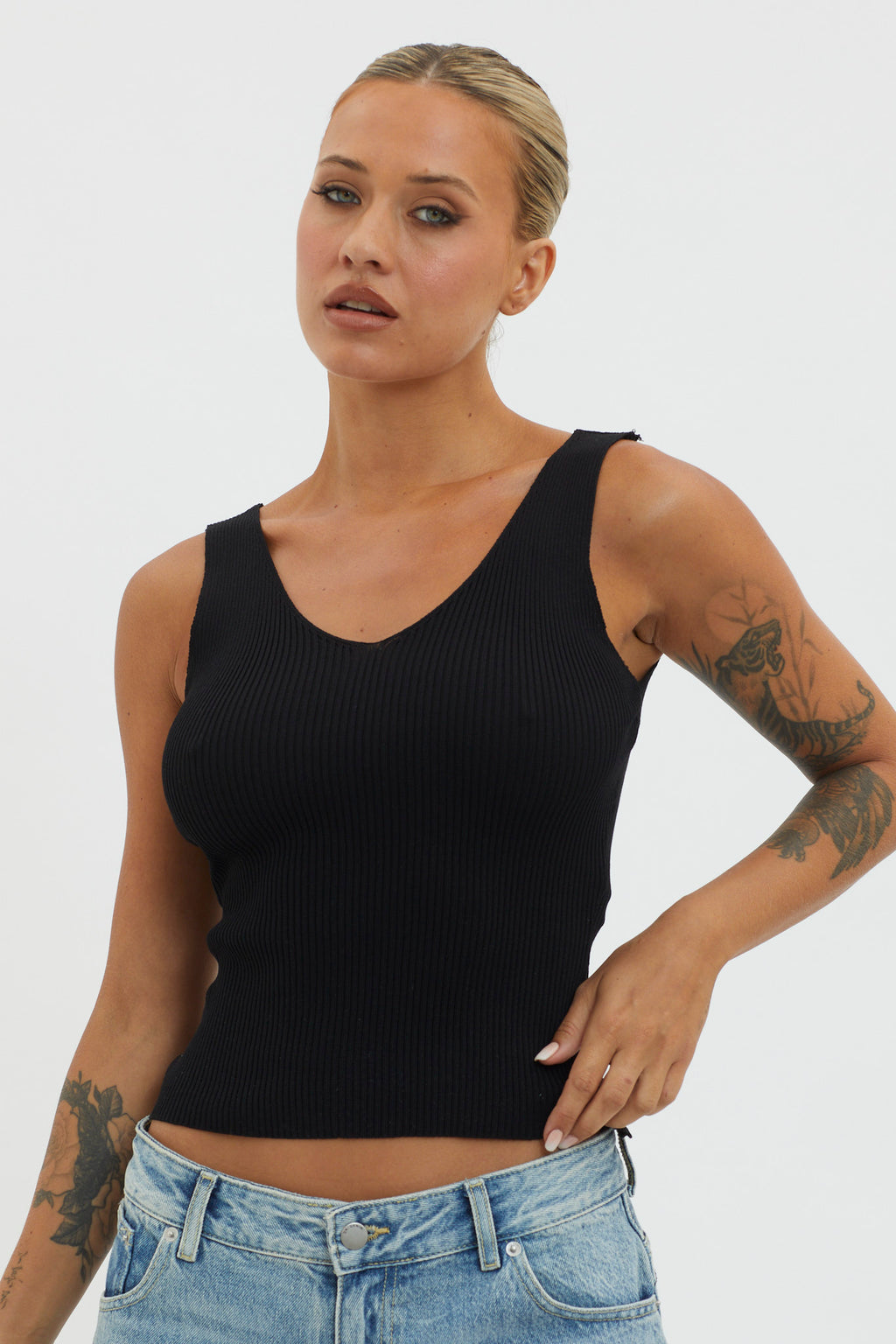 Off-Duty V-Neck Ribbed Knit Top Black by Selfie Leslie Australia