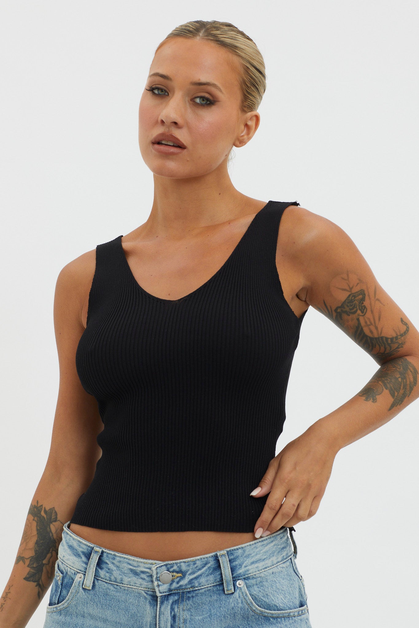 Off-Duty V-Neck Ribbed Knit Top Black by Selfie Leslie Australia
