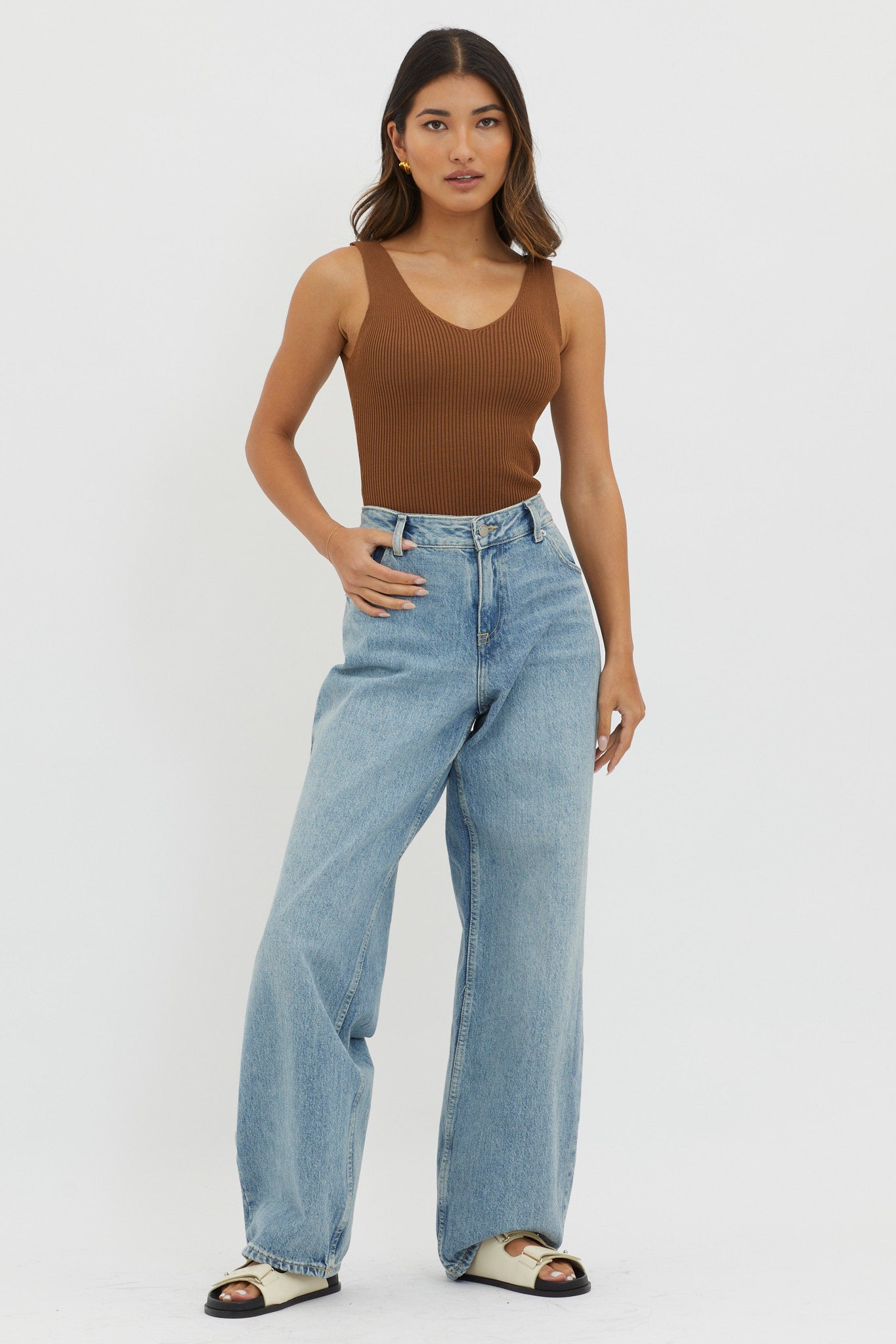Off-Duty V-Neck Ribbed Knit Top Chocolate by Selfie Leslie Australia