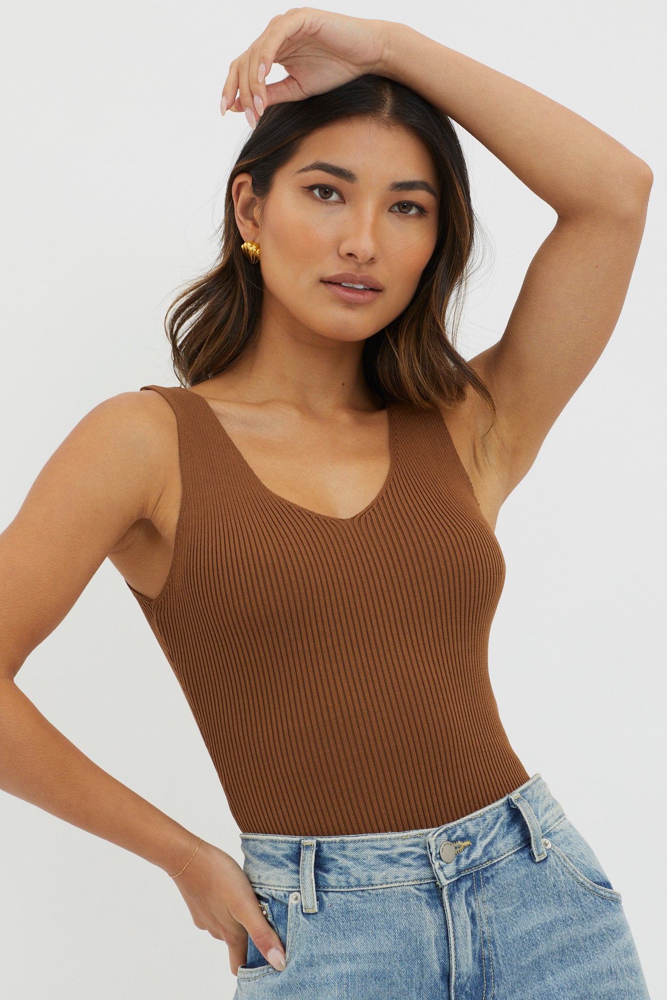 Off-Duty V-Neck Ribbed Knit Top Chocolate by Selfie Leslie Australia