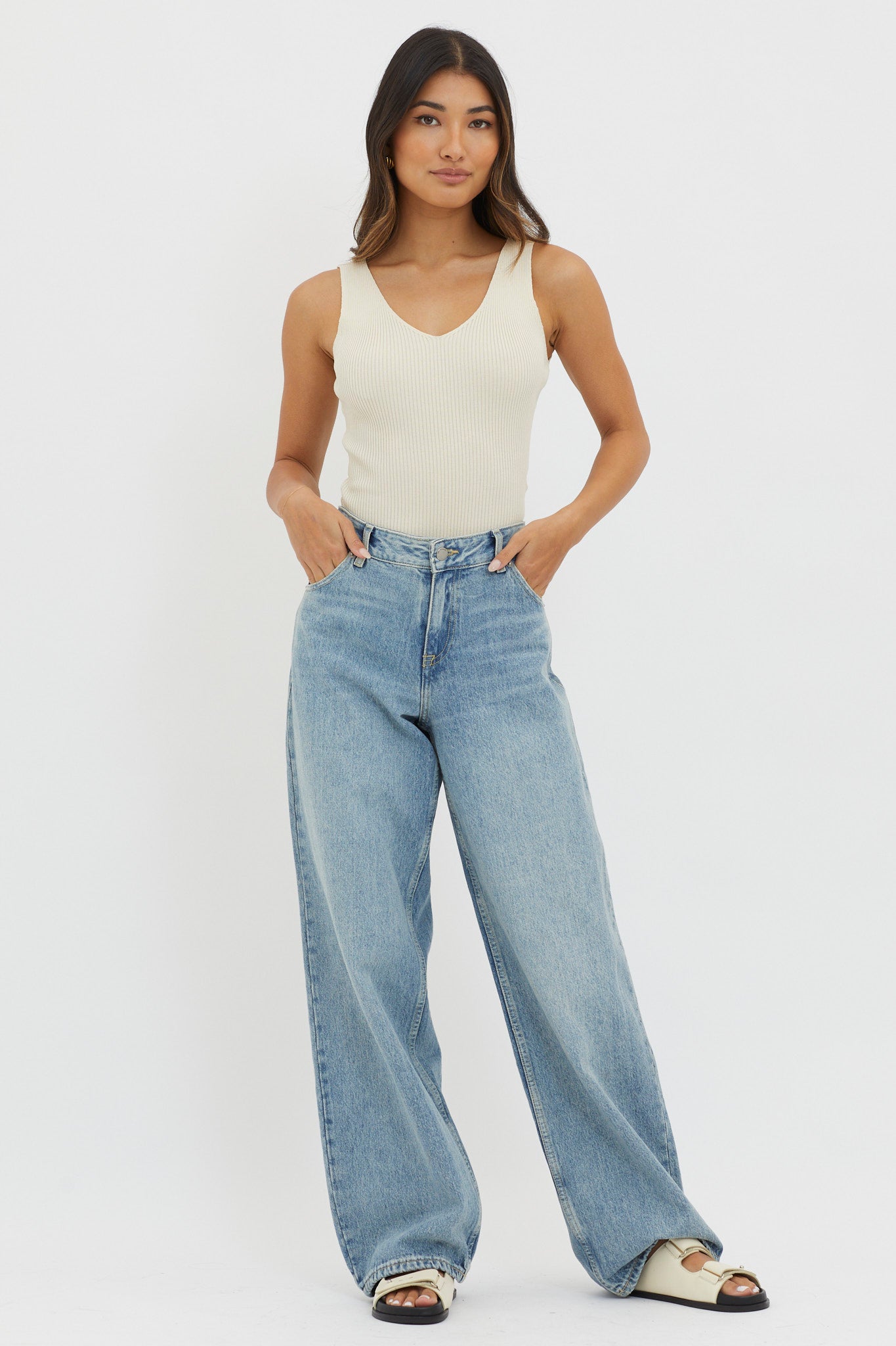 Off-Duty V-Neck Ribbed Knit Top Cream by Selfie Leslie Australia
