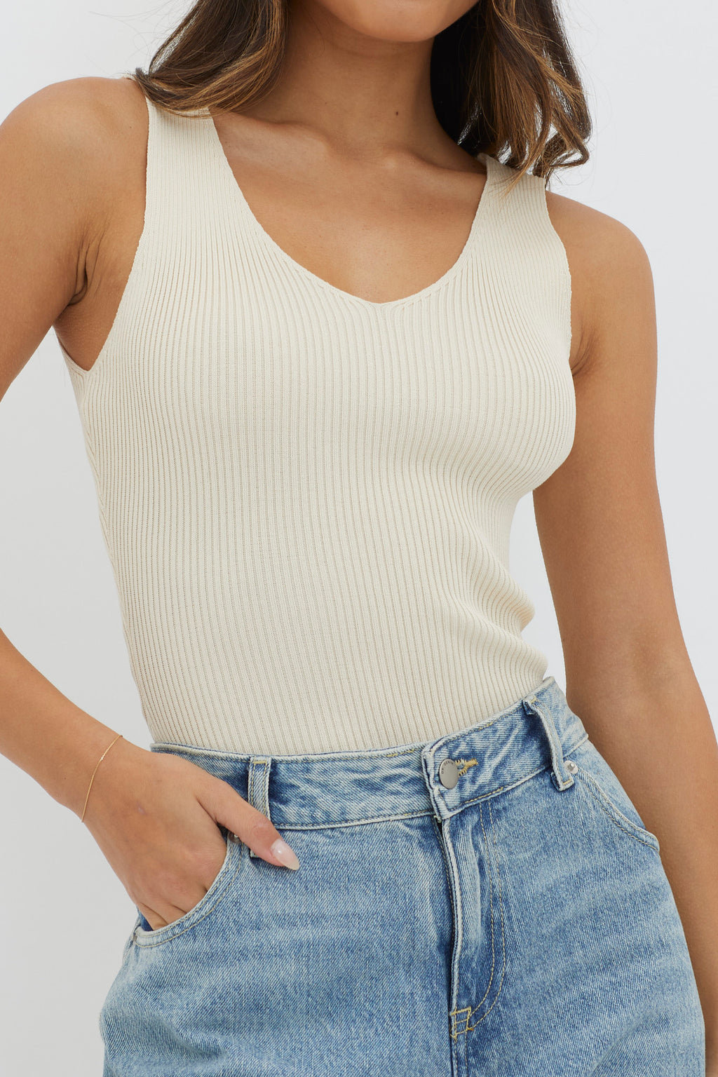 Off-Duty V-Neck Ribbed Knit Top Cream by Selfie Leslie Australia