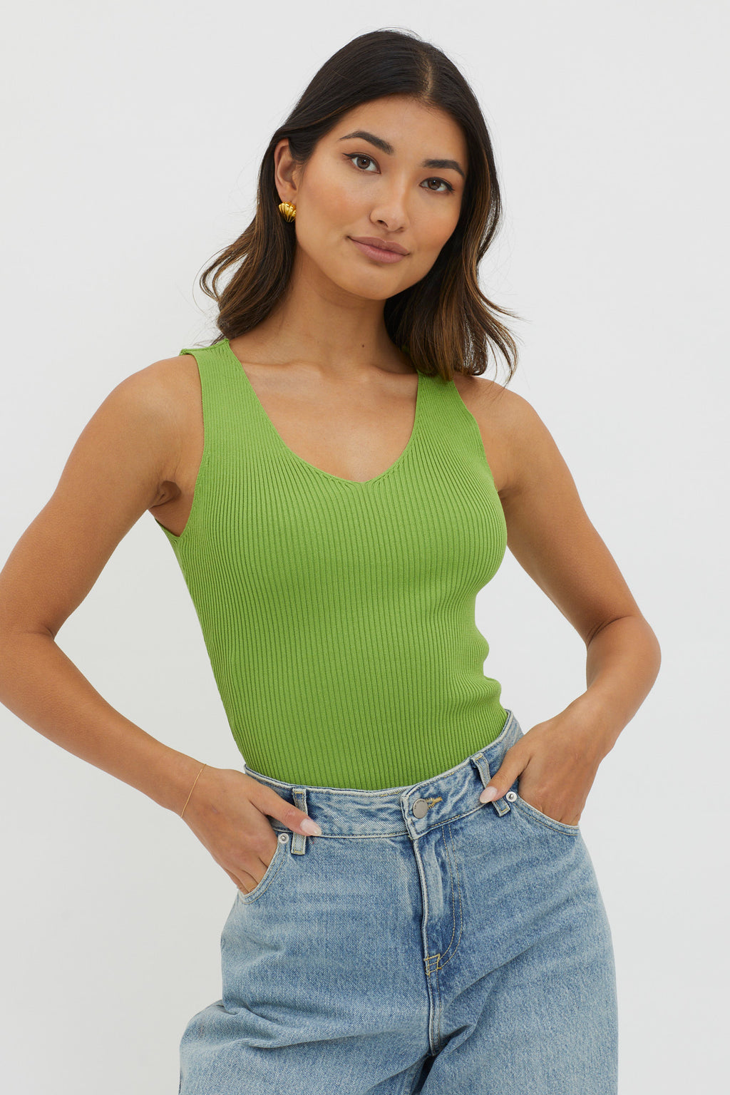 Off-Duty V-Neck Ribbed Knit Top Green by Selfie Leslie Australia