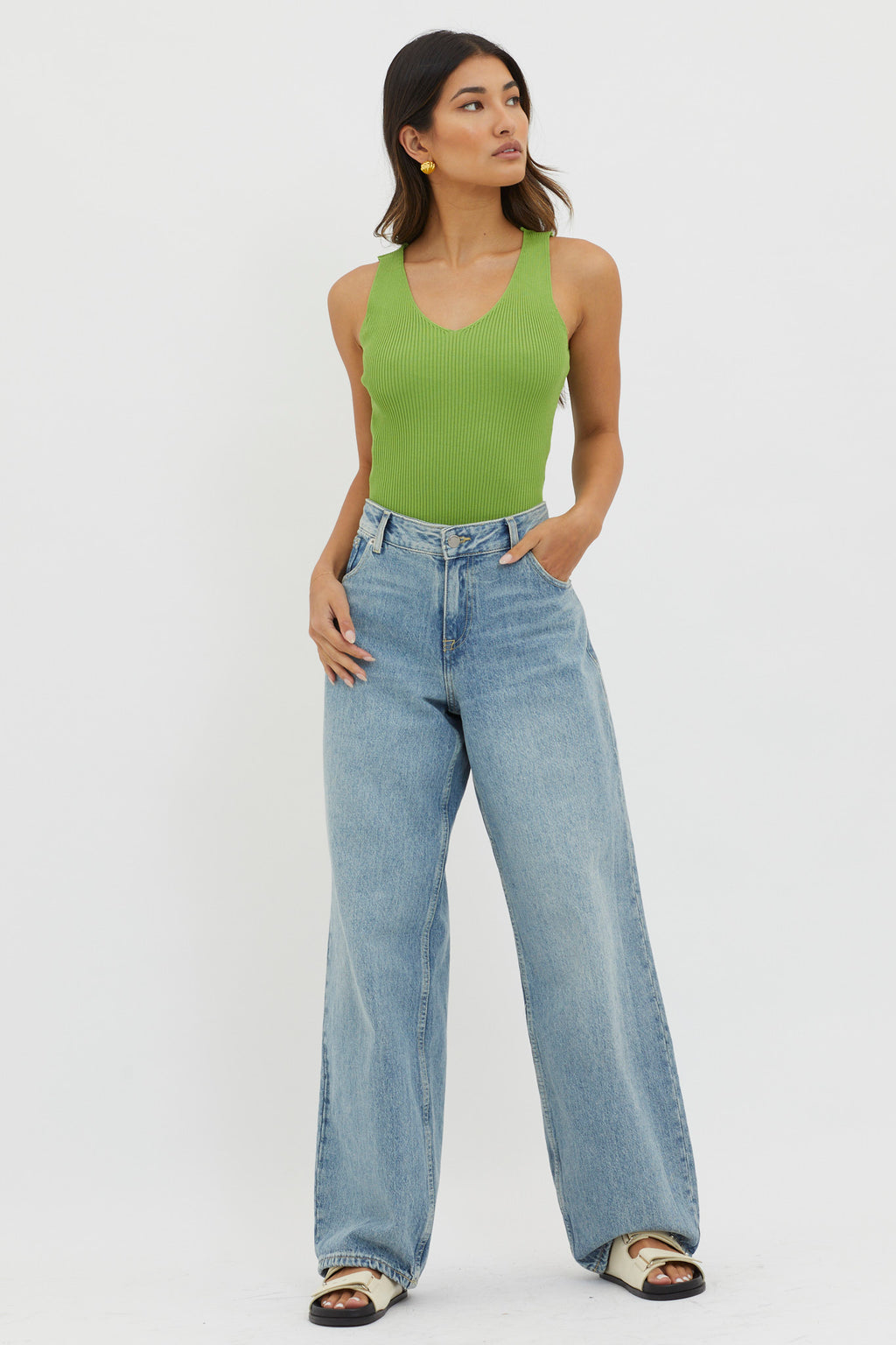Off-Duty V-Neck Ribbed Knit Top Green by Selfie Leslie Australia