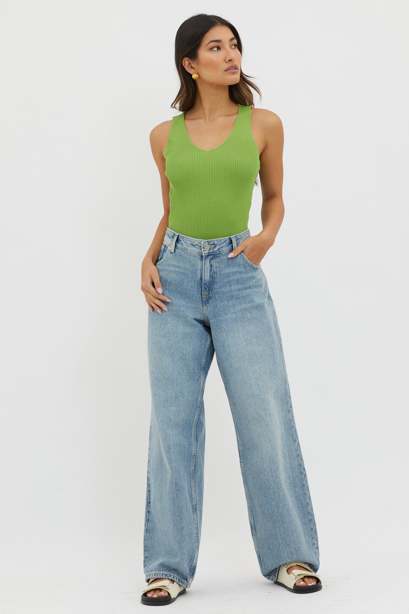 Off-Duty V-Neck Ribbed Knit Top Green by Selfie Leslie Australia