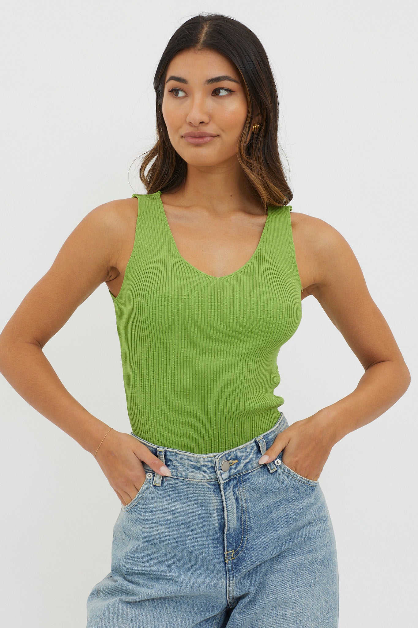 Off-Duty V-Neck Ribbed Knit Top Green by Selfie Leslie Australia