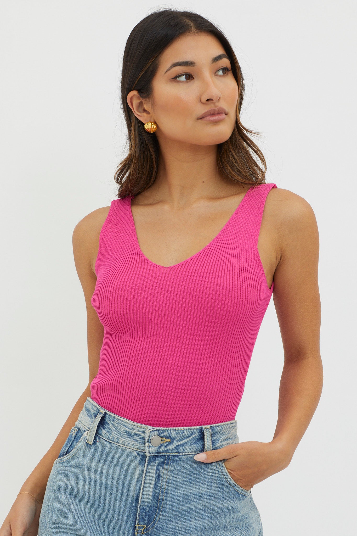 Off-Duty V-Neck Ribbed Knit Top Hot Pink by Selfie Leslie Australia