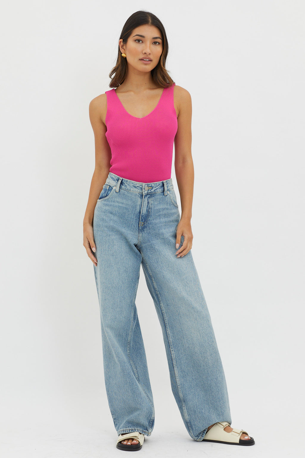 Off-Duty V-Neck Ribbed Knit Top Hot Pink by Selfie Leslie Australia