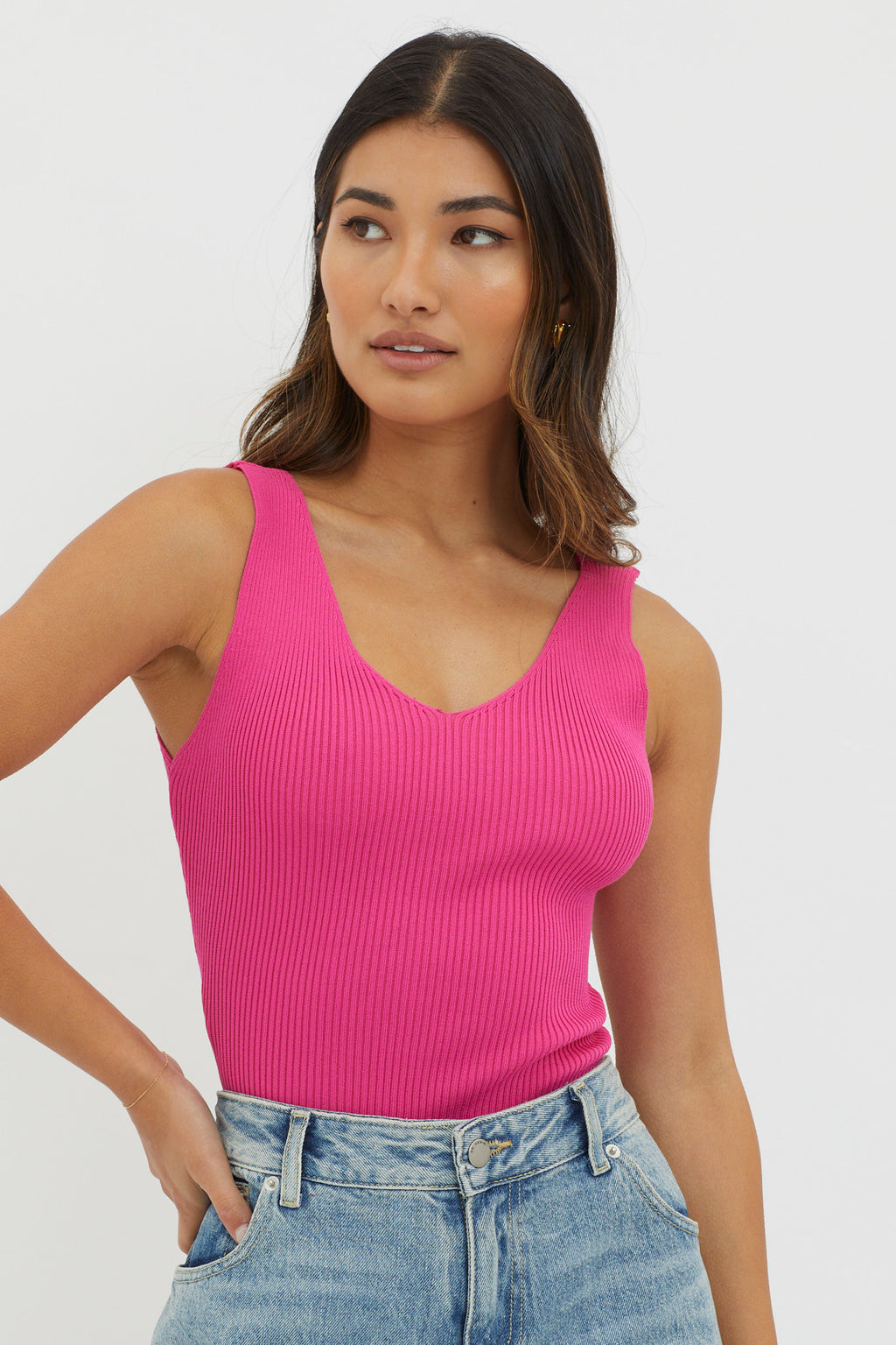 Off-Duty V-Neck Ribbed Knit Top Hot Pink by Selfie Leslie Australia