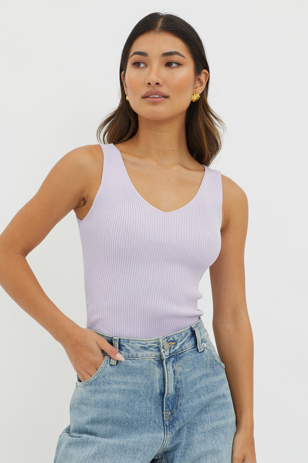 Off-Duty V-Neck Ribbed Knit Top Lilac by Selfie Leslie Australia