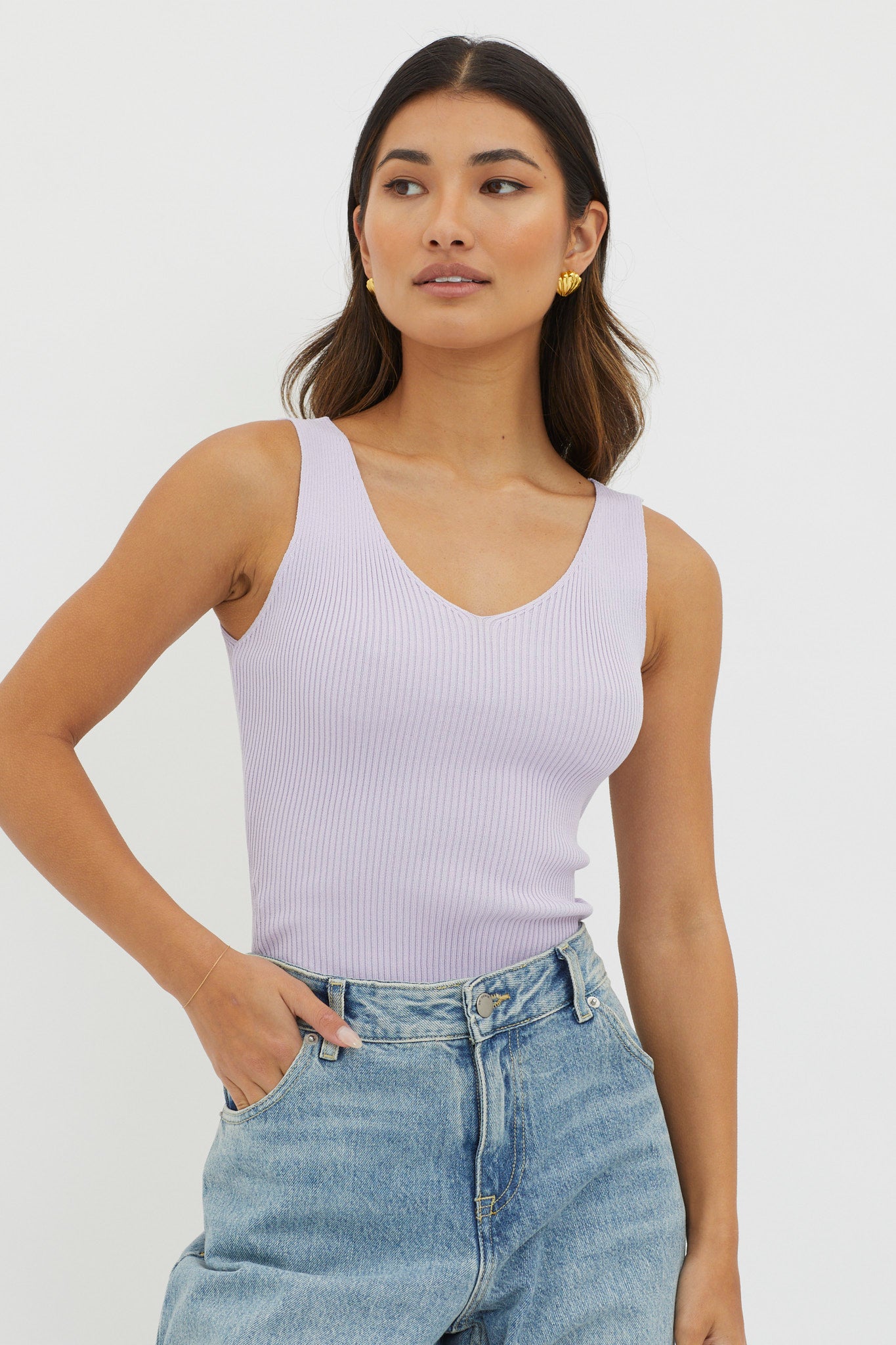 Off-Duty V-Neck Ribbed Knit Top Lilac by Selfie Leslie Australia