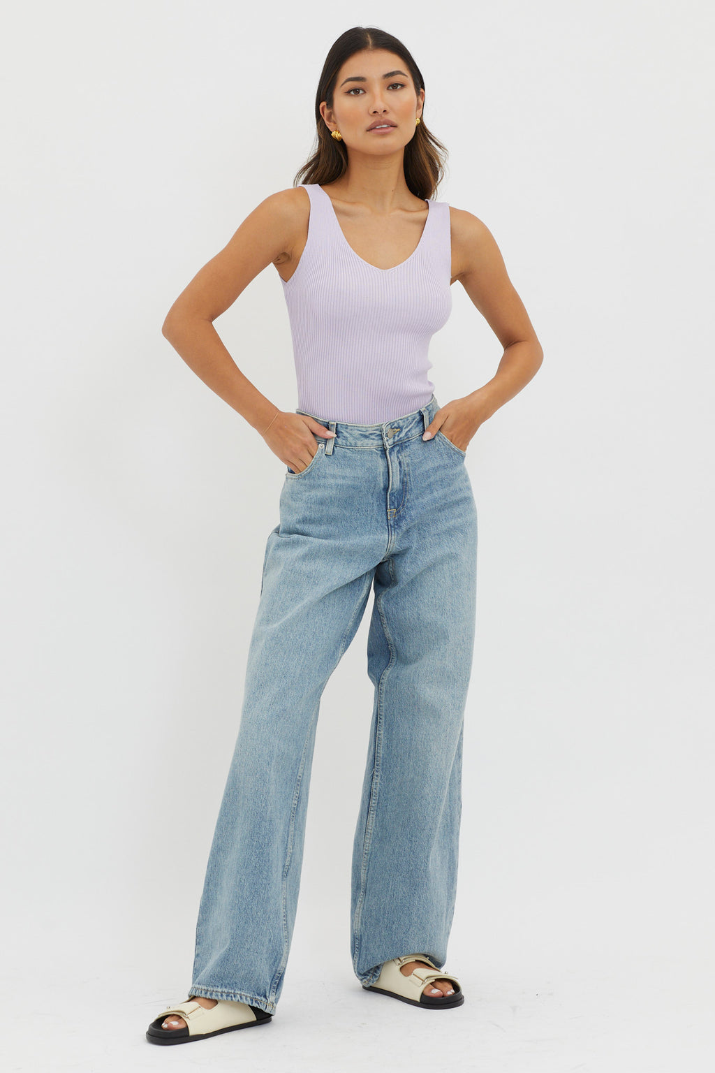 Off-Duty V-Neck Ribbed Knit Top Lilac by Selfie Leslie Australia