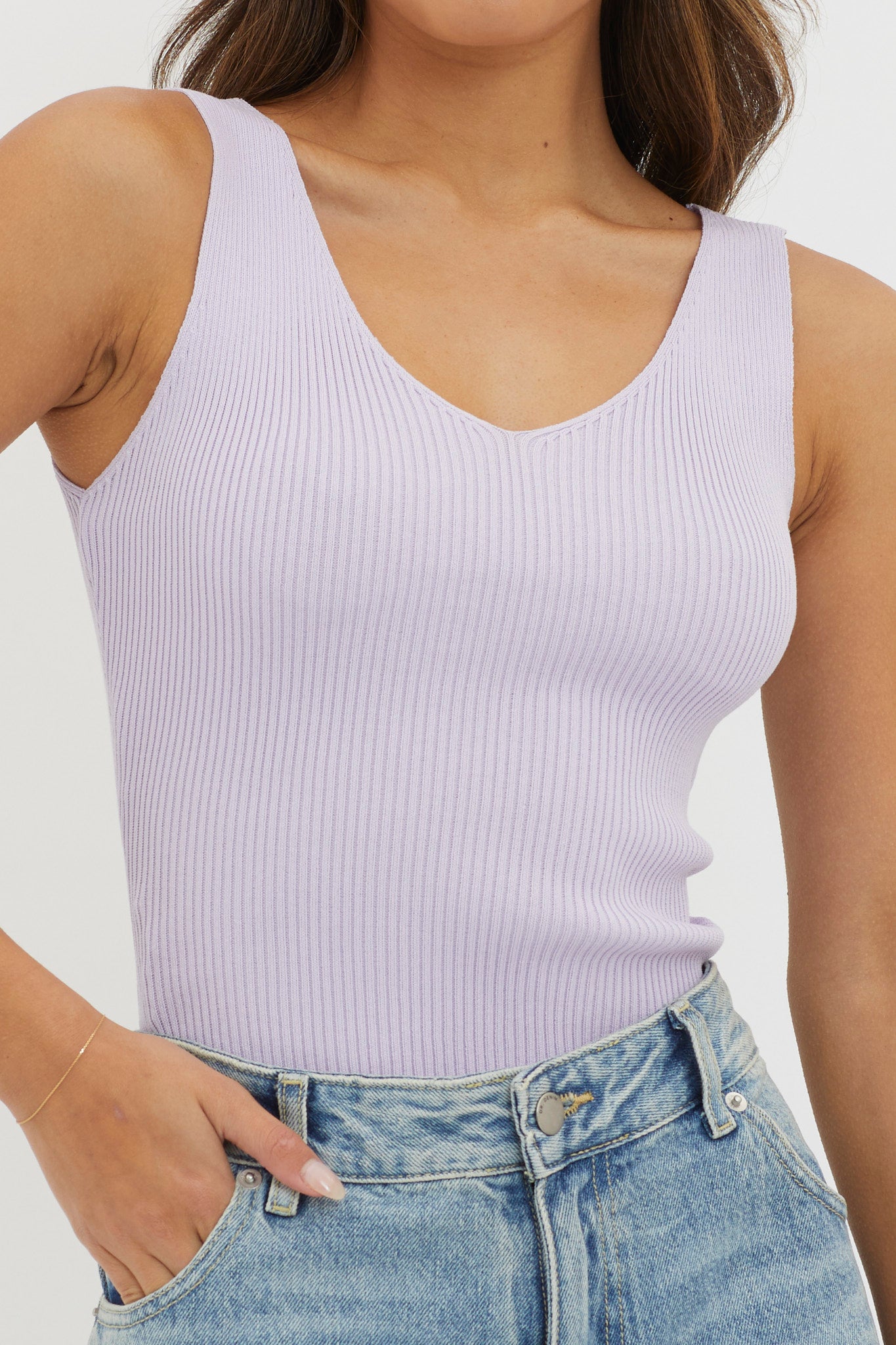 Off-Duty V-Neck Ribbed Knit Top Lilac by Selfie Leslie Australia