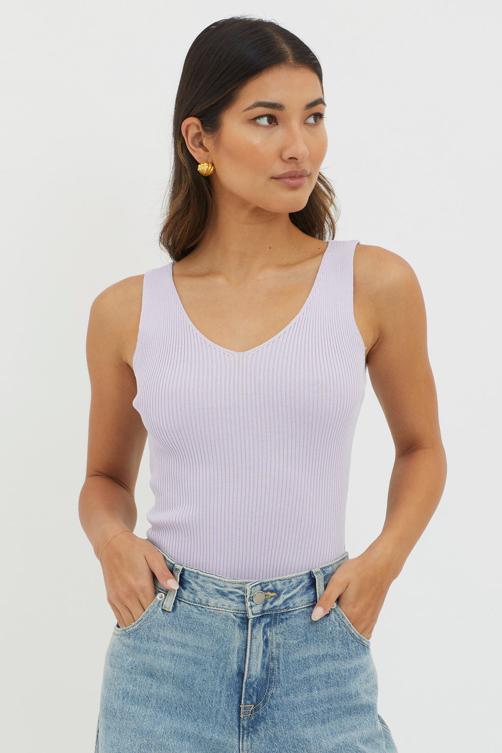 Off-Duty V-Neck Ribbed Knit Top Lilac by Selfie Leslie Australia