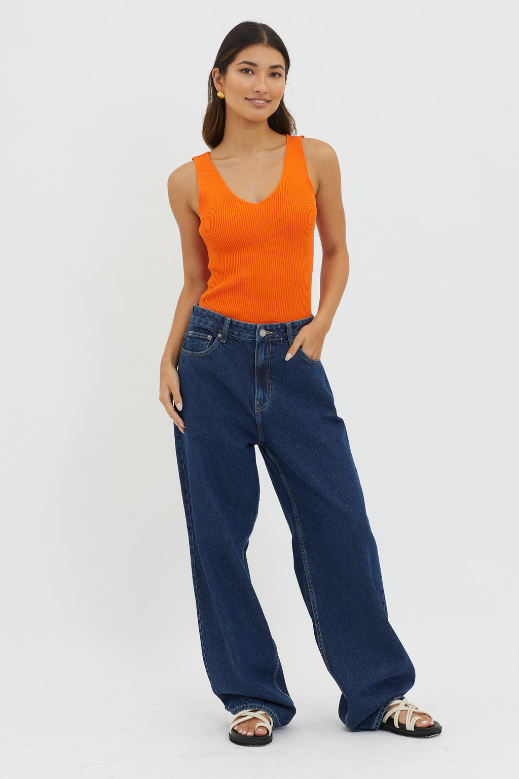 Off-Duty V-Neck Ribbed Knit Top Orange by Selfie Leslie Australia