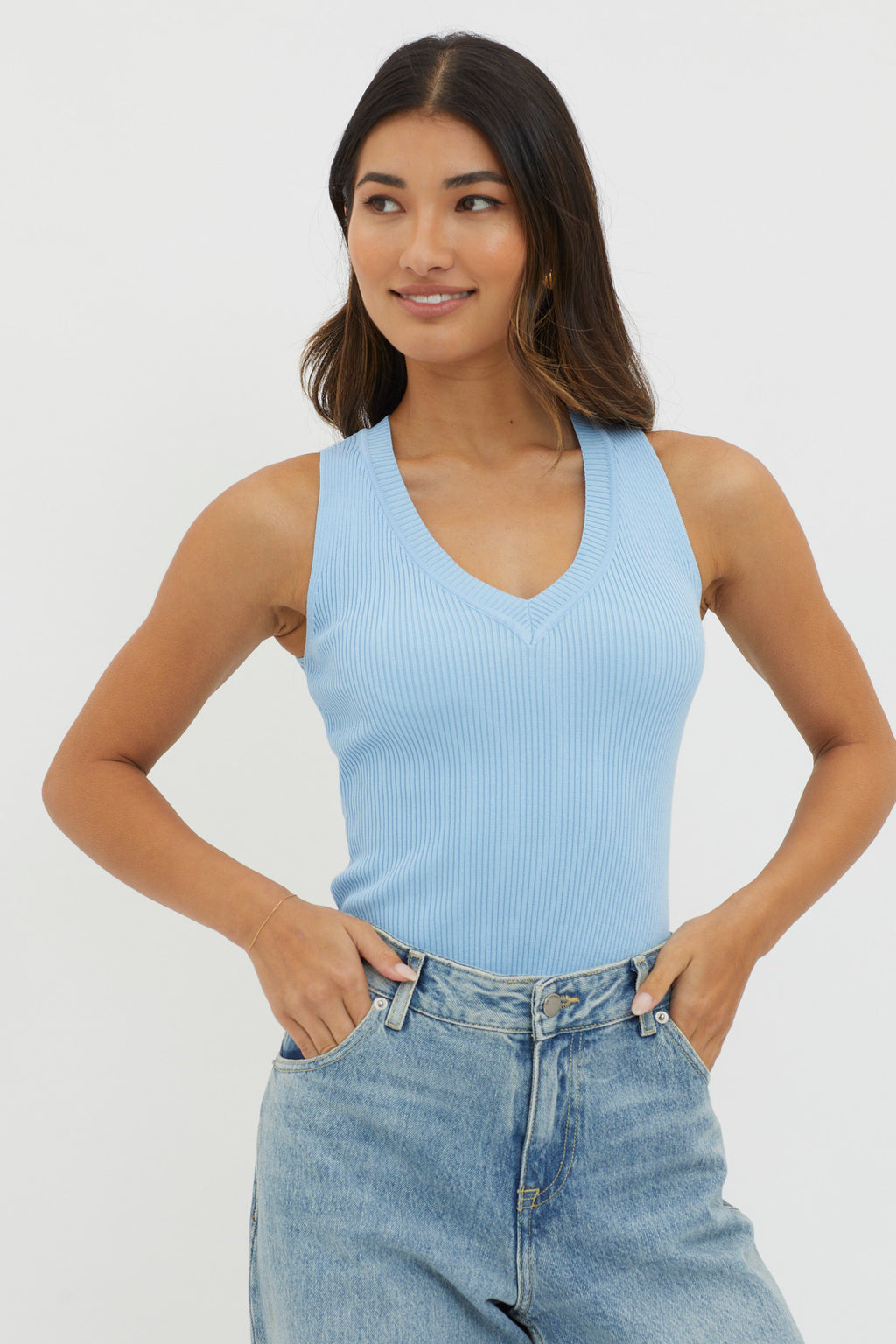 D'Lila V-Neck Ribbed Knit Top Baby Blue by Selfie Leslie Australia