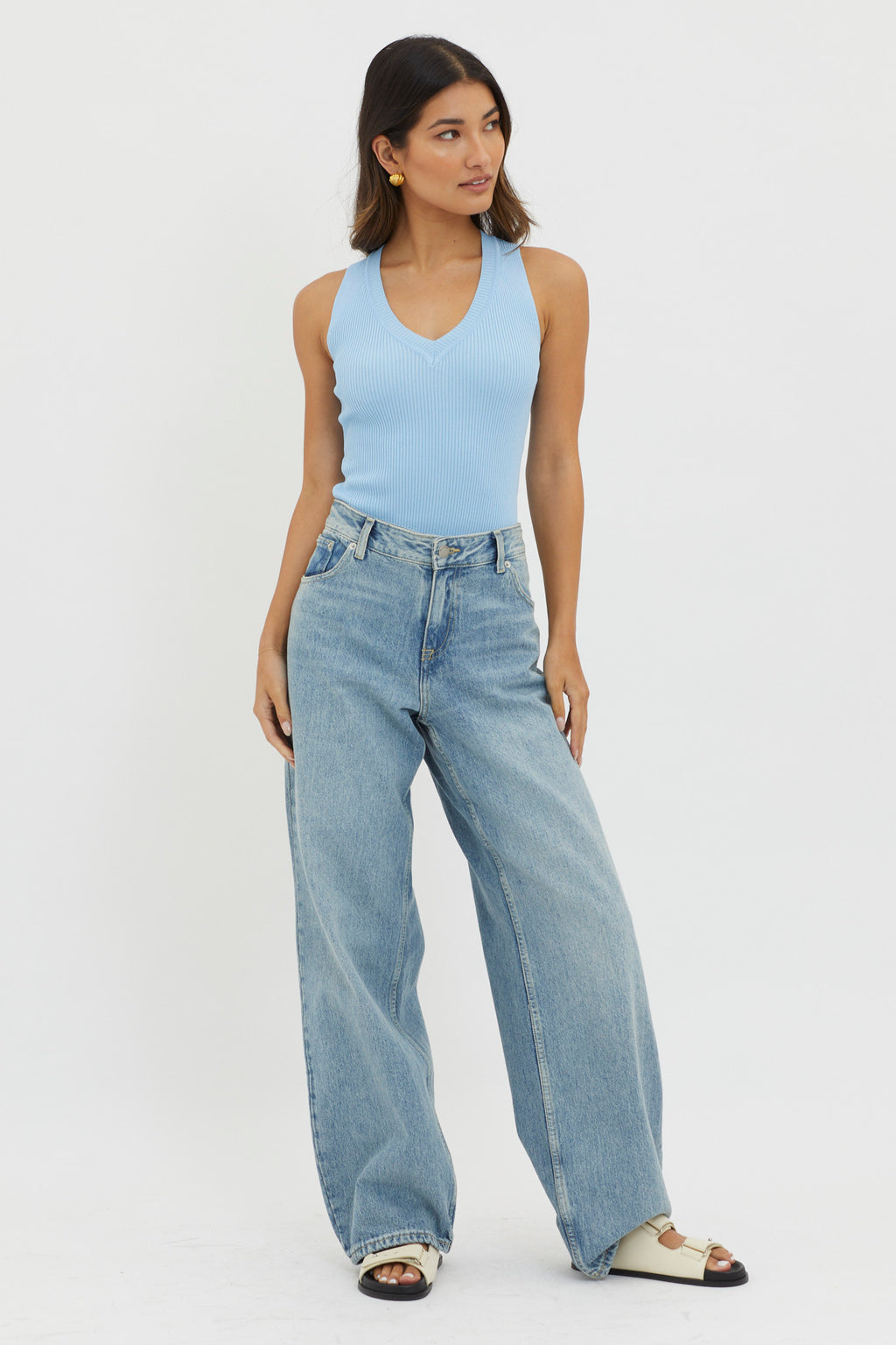 D'Lila V-Neck Ribbed Knit Top Baby Blue by Selfie Leslie Australia