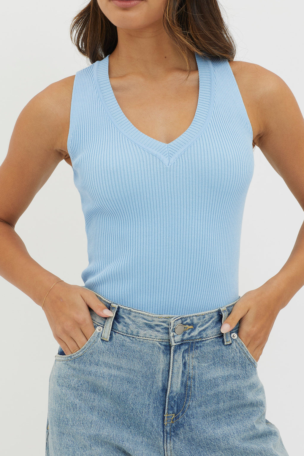 D'Lila V-Neck Ribbed Knit Top Baby Blue by Selfie Leslie Australia