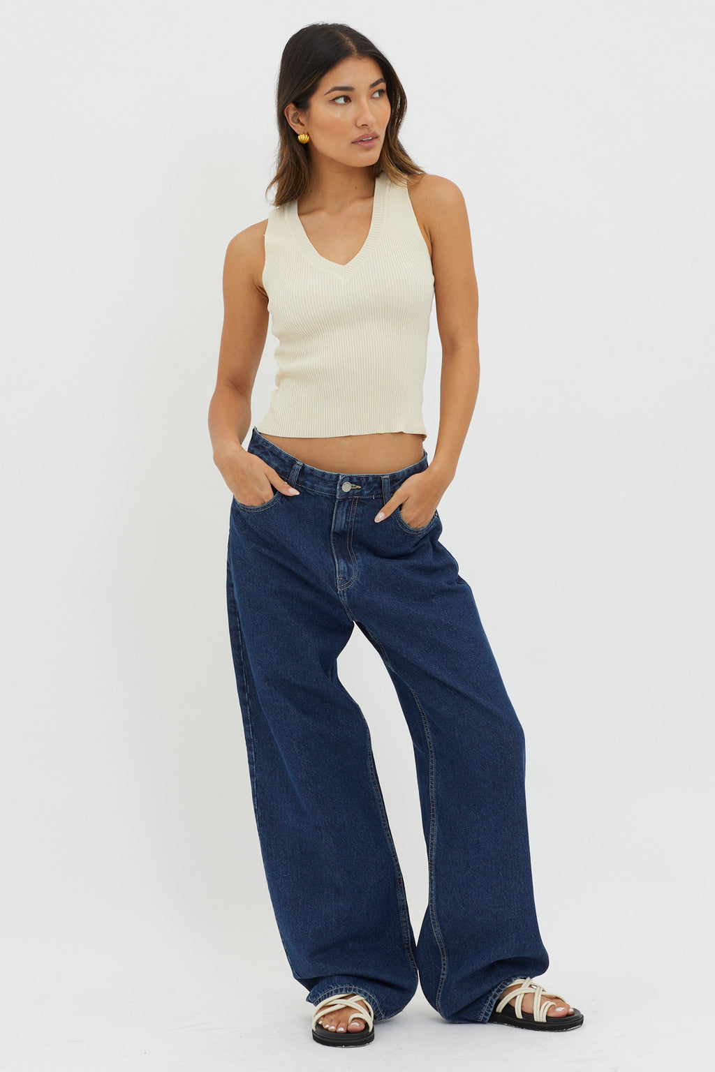 D'Lila V-Neck Ribbed Knit Top Cream by Selfie Leslie Australia