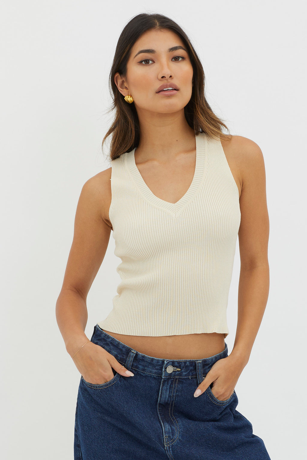 D'Lila V-Neck Ribbed Knit Top Cream by Selfie Leslie Australia
