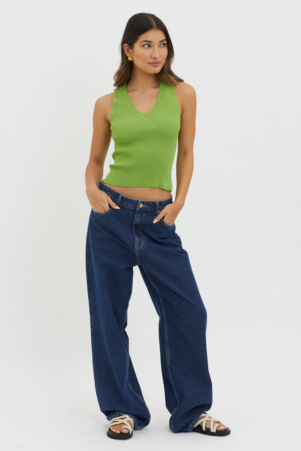 D'Lila V-Neck Ribbed Knit Top Green by Selfie Leslie Australia