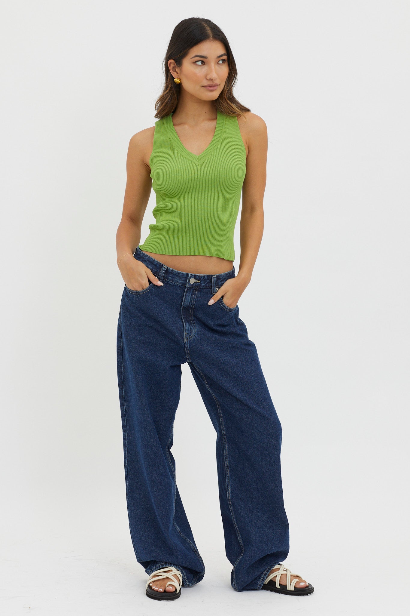 D'Lila V-Neck Ribbed Knit Top Green by Selfie Leslie Australia