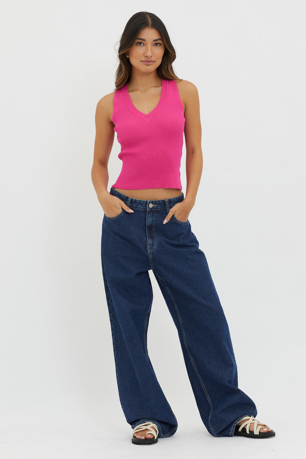D'Lila V-Neck Ribbed Knit Top Hot Pink by Selfie Leslie Australia