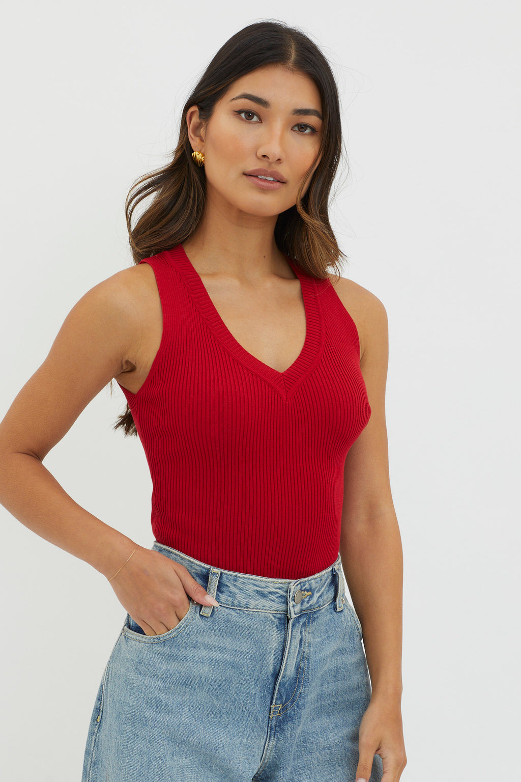 D'Lila V-Neck Ribbed Knit Top Maroon by Selfie Leslie Australia