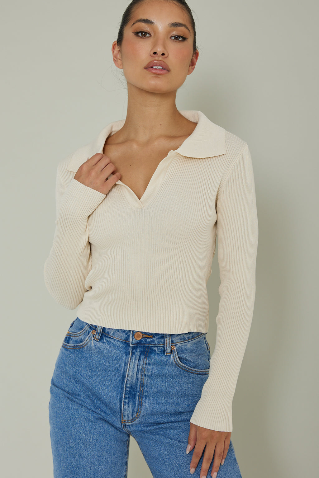 Lake Days Collared Knit Top Cream by Selfie Leslie Australia