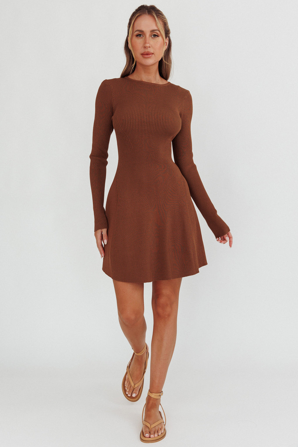 Intuitions Long Sleeve Ribbed Knit Dress Chocolate by Selfie Leslie Australia