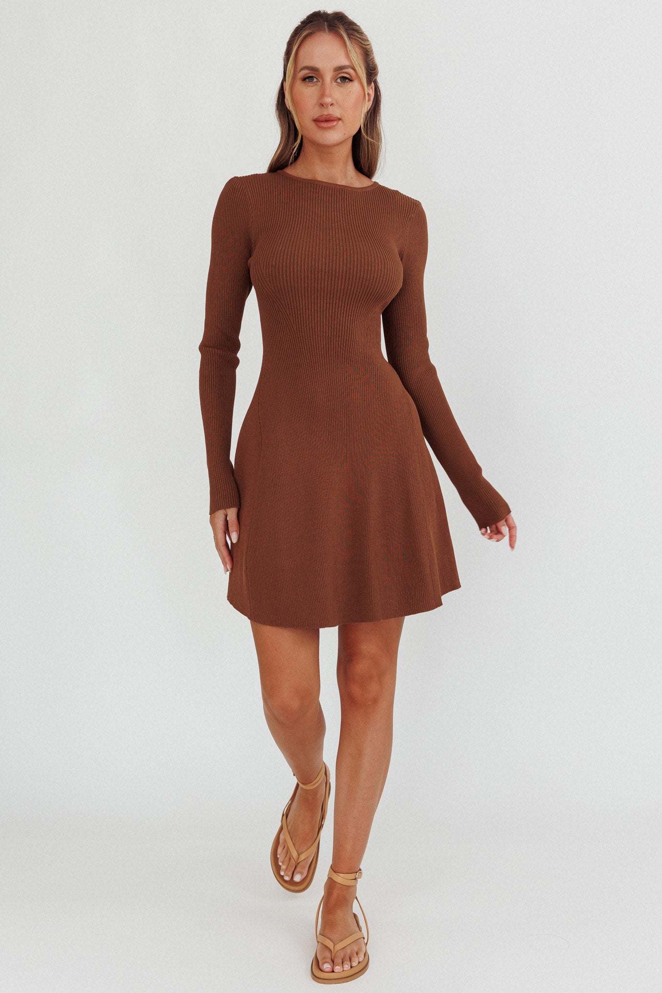 Intuitions Long Sleeve Ribbed Knit Dress Chocolate by Selfie Leslie Australia