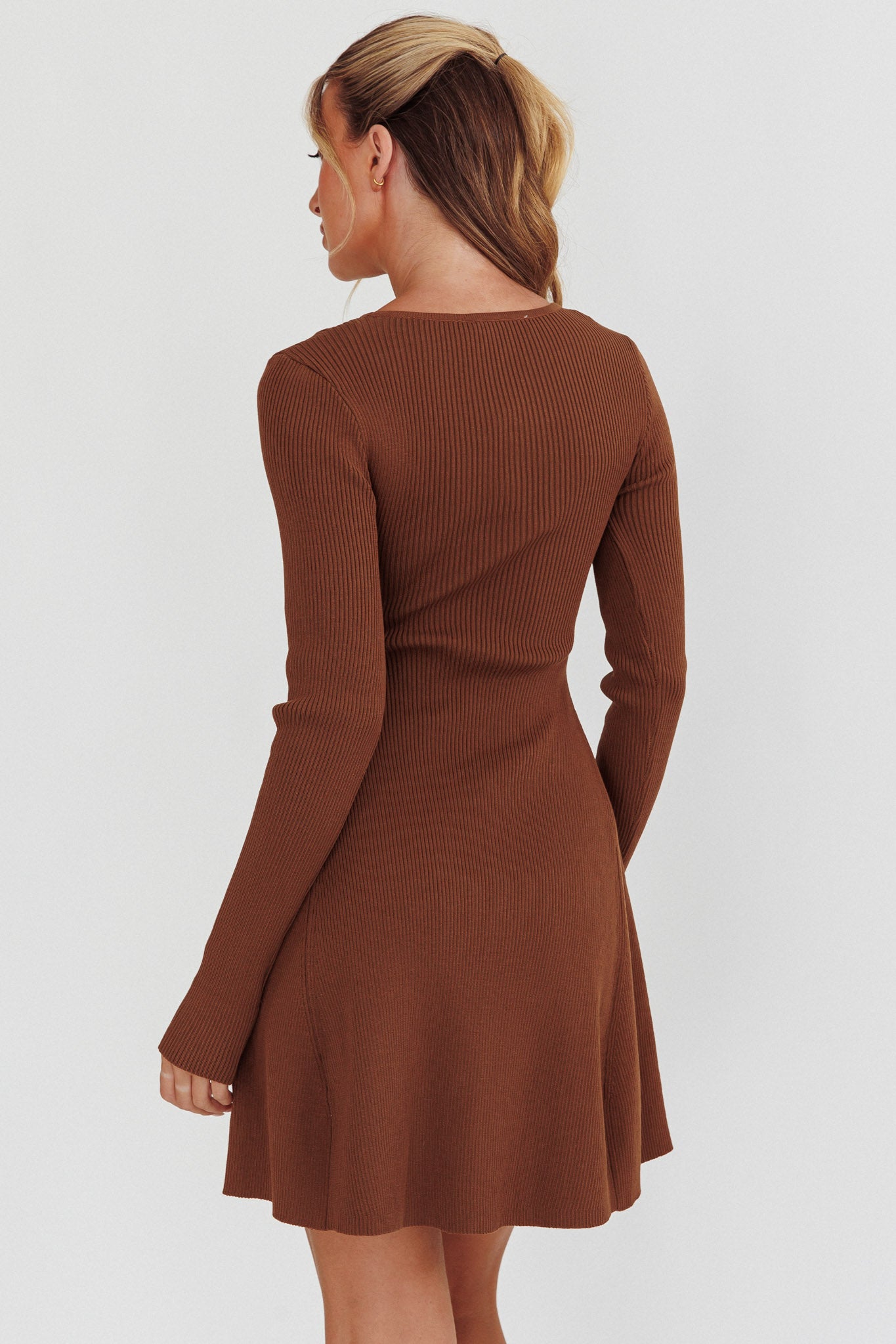 Intuitions Long Sleeve Ribbed Knit Dress Chocolate by Selfie Leslie Australia