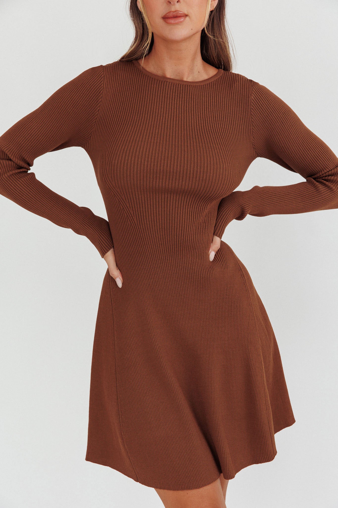 Intuitions Long Sleeve Ribbed Knit Dress Chocolate by Selfie Leslie Australia