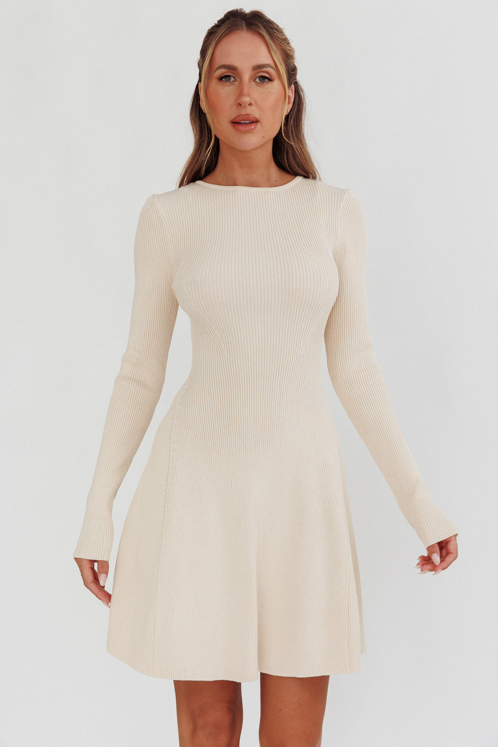 Intuitions Long Sleeve Ribbed Knit Dress Cream by Selfie Leslie Australia