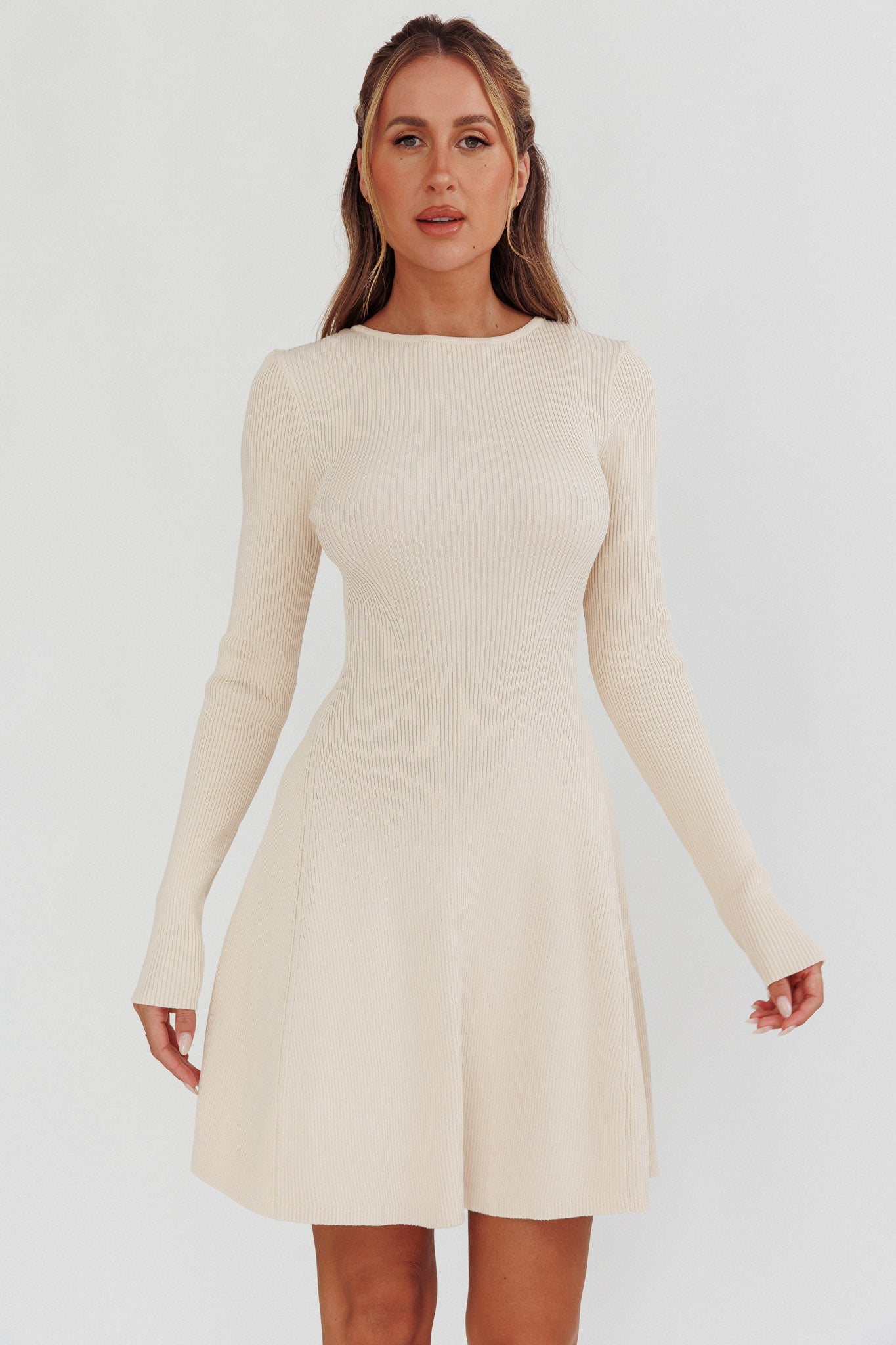 Intuitions Long Sleeve Ribbed Knit Dress Cream by Selfie Leslie Australia