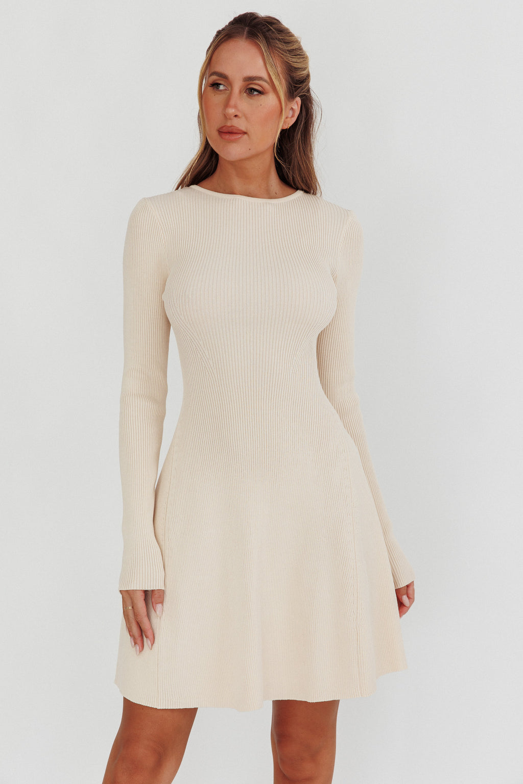 Intuitions Long Sleeve Ribbed Knit Dress Cream by Selfie Leslie Australia