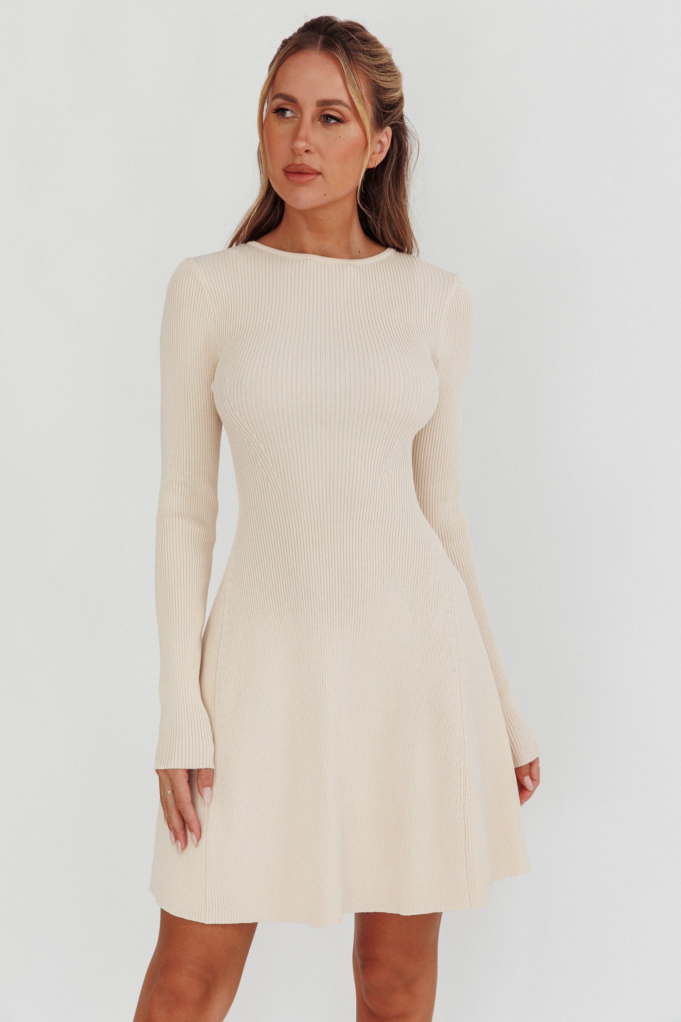 Intuitions Long Sleeve Ribbed Knit Dress Cream by Selfie Leslie Australia