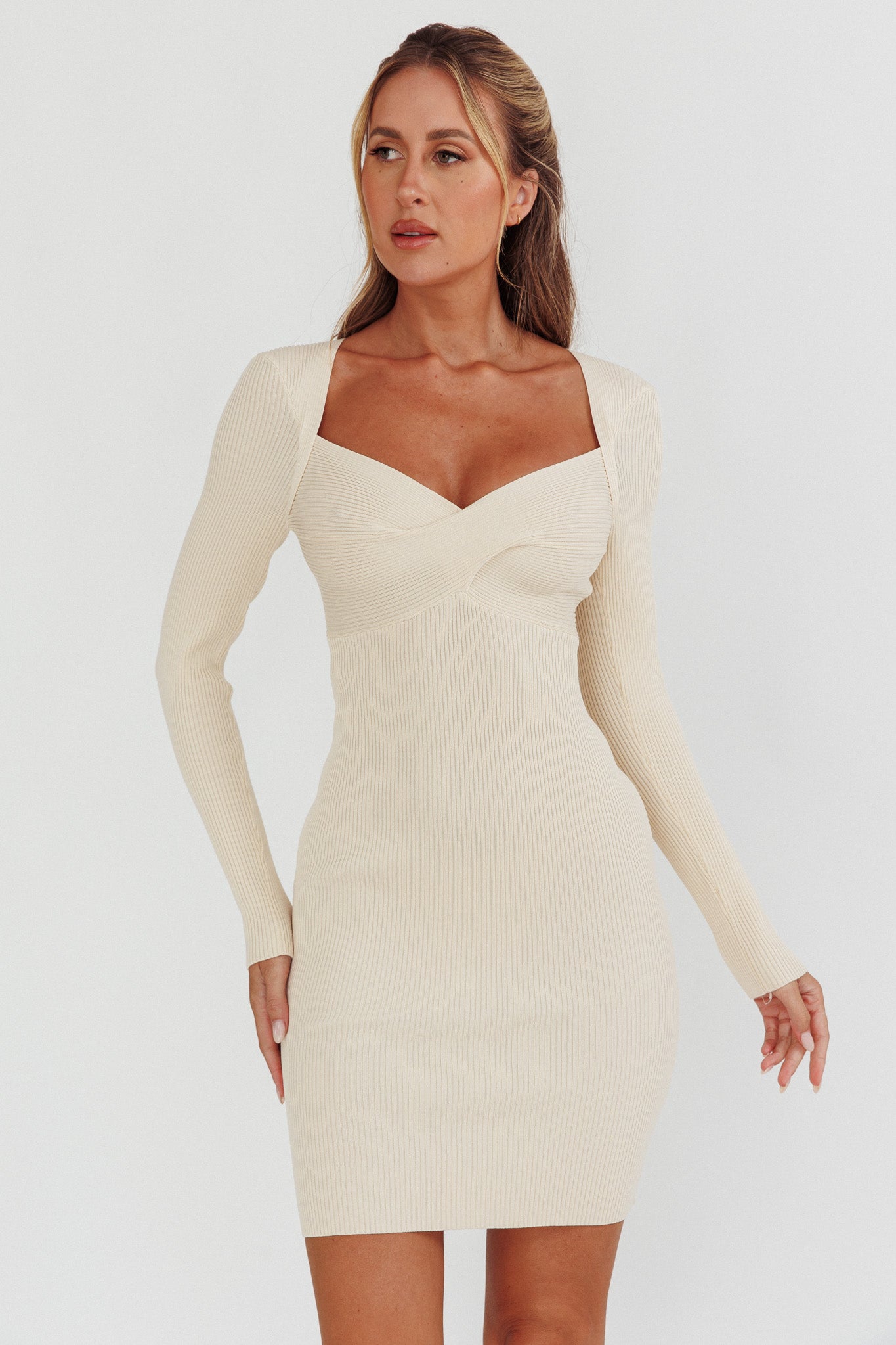 Maribeth Long Sleeve Ribbed Knit Dress Cream by Selfie Leslie Australia