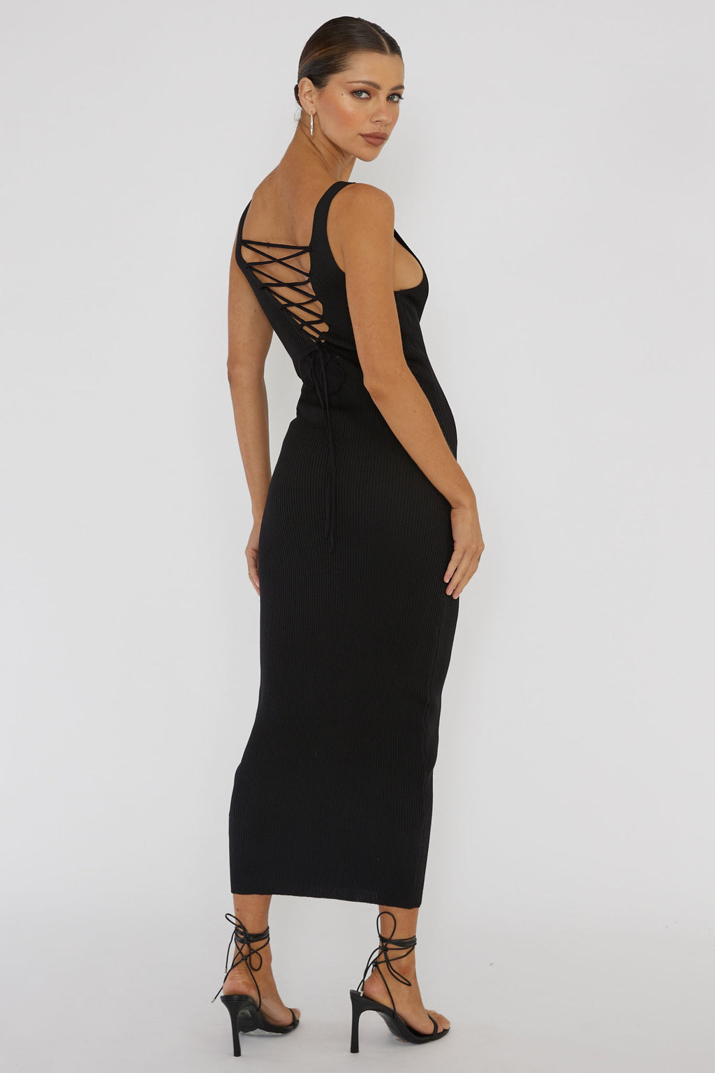 Linzi Lace-Up Back Knit Midi Dress Black by Selfie Leslie Australia