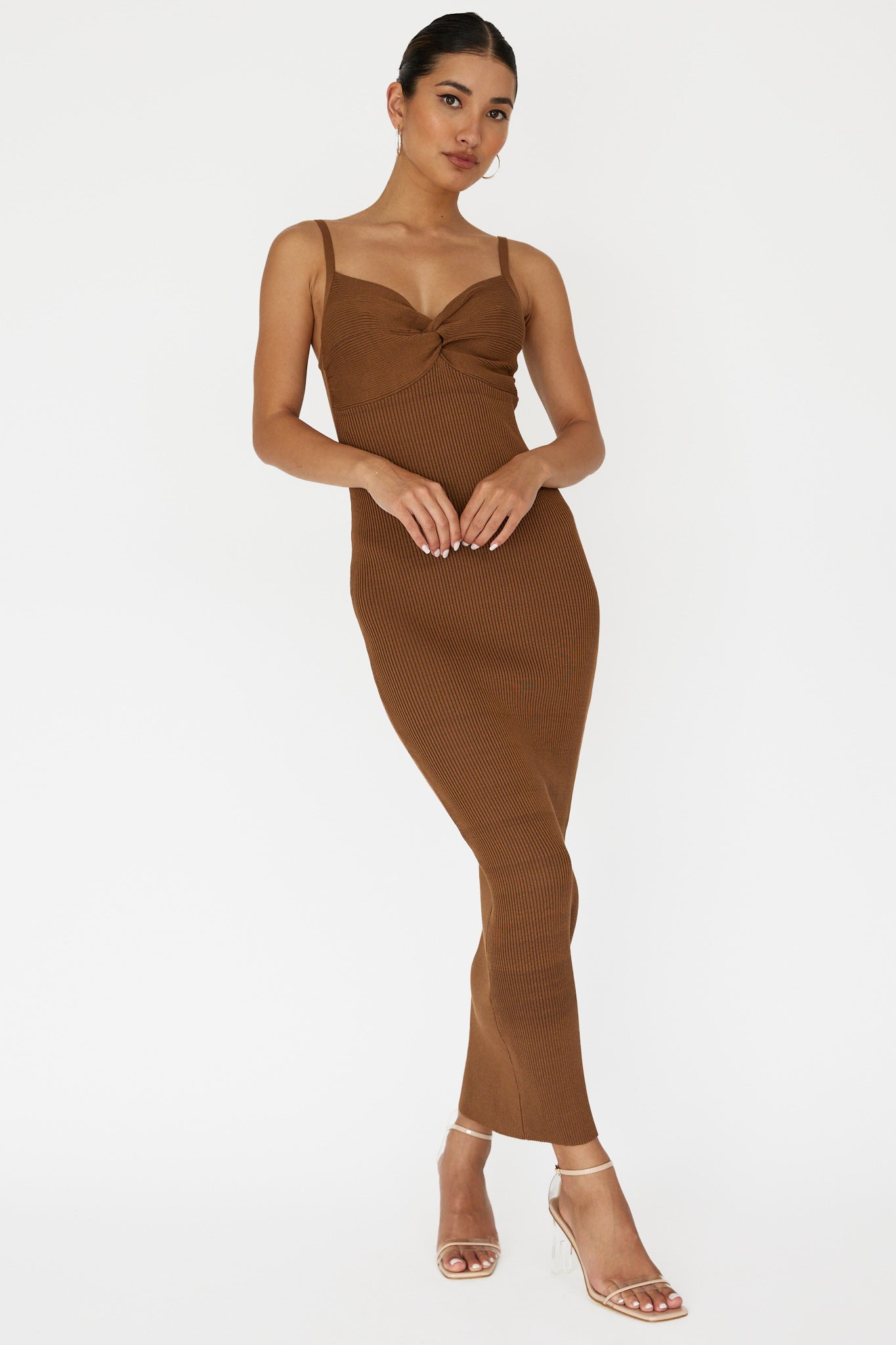 Lover's High Twist Bust Knit Midi Dress Chocolate by Selfie Leslie Australia