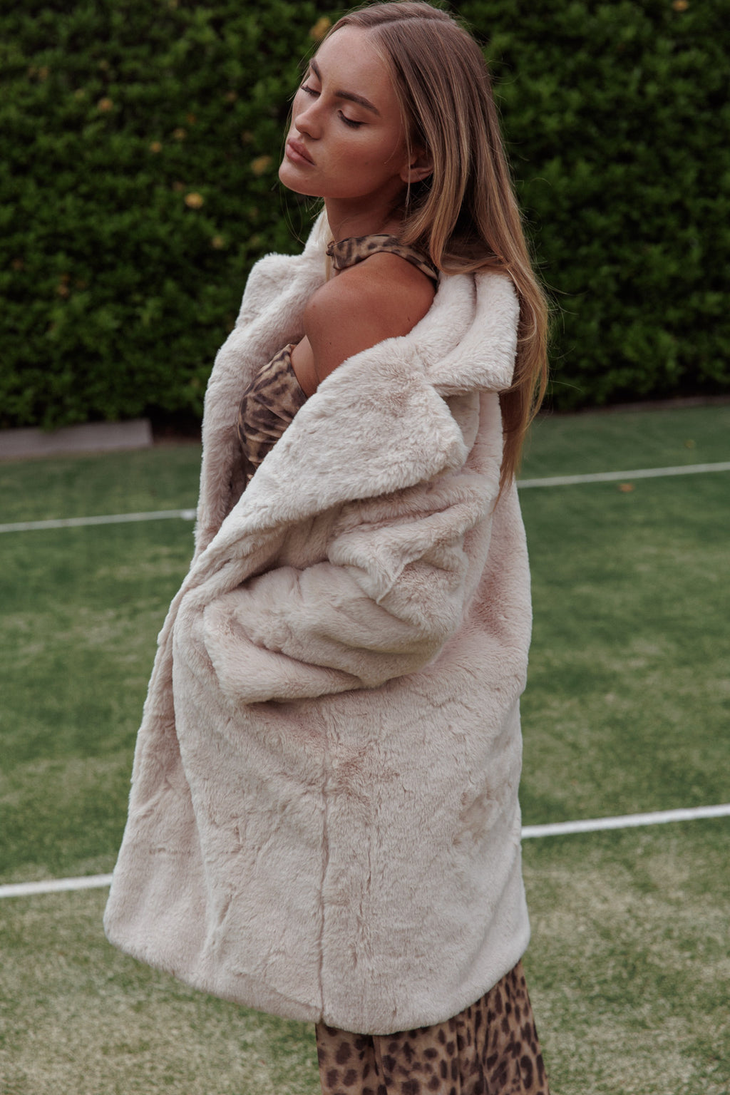 Perceptions Longline Faux Fur Coat Beige by Selfie Leslie Australia