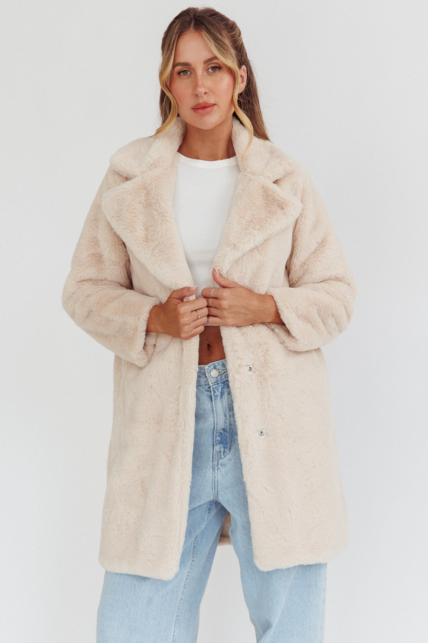 Perceptions Longline Faux Fur Coat Beige by Selfie Leslie Australia