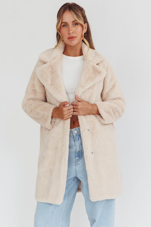 Perceptions Longline Faux Fur Coat Beige by Selfie Leslie Australia