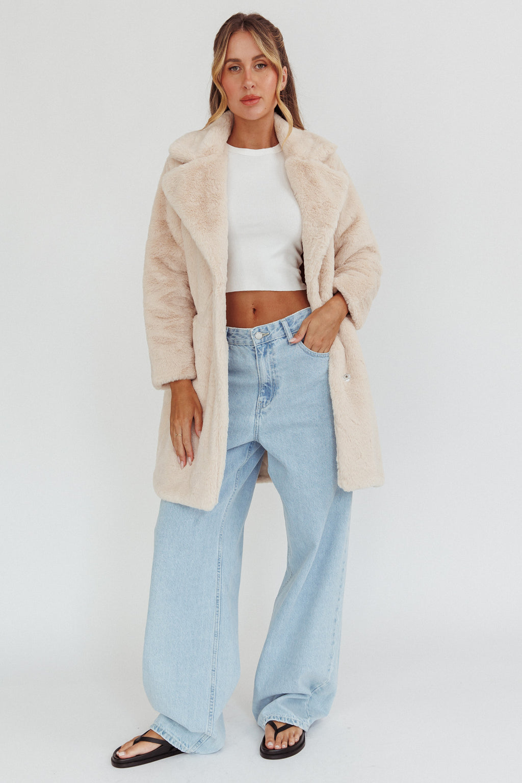 Perceptions Longline Faux Fur Coat Beige by Selfie Leslie Australia