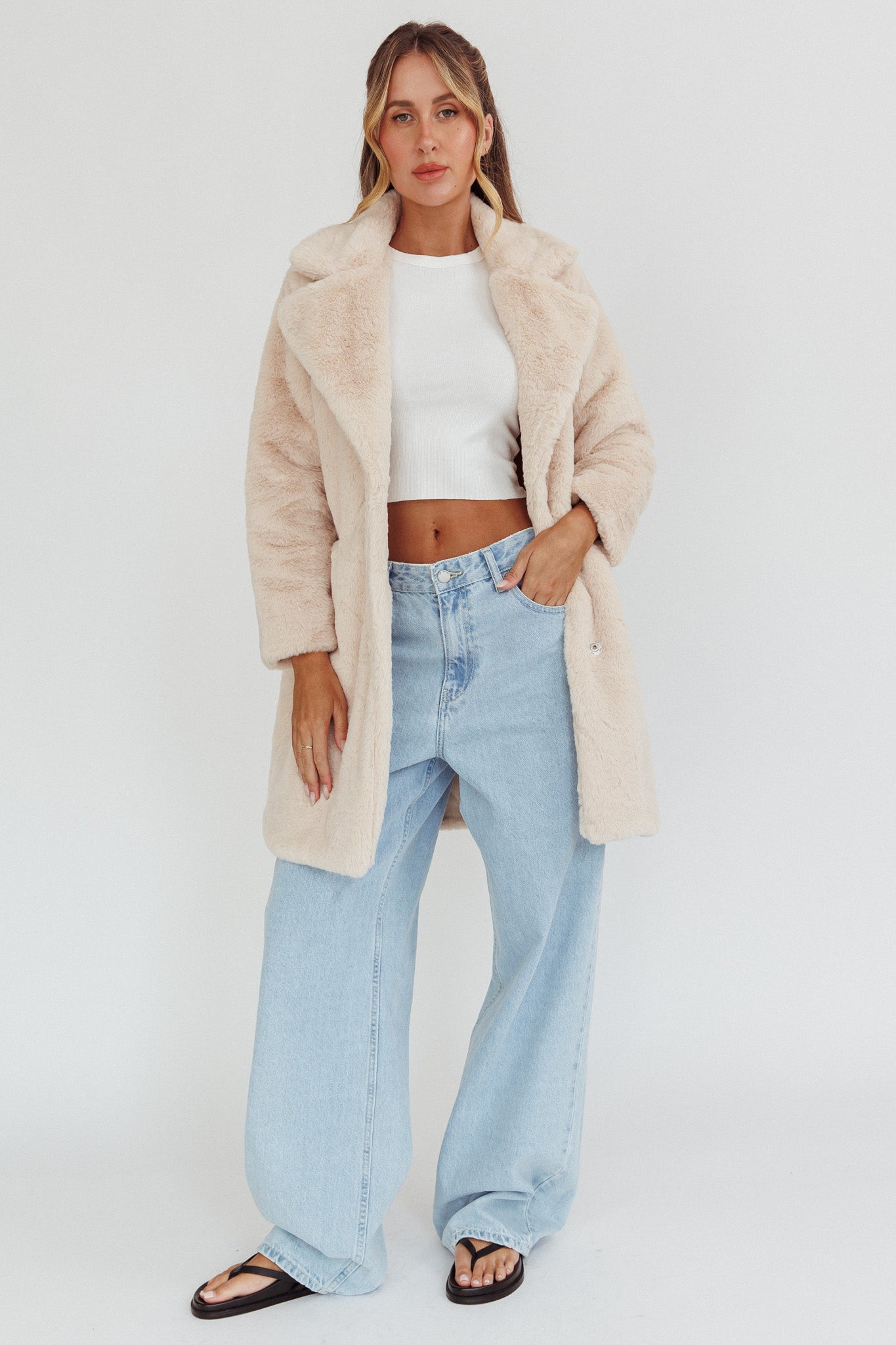 Perceptions Longline Faux Fur Coat Beige by Selfie Leslie Australia