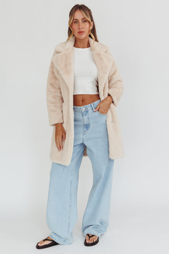 Perceptions Longline Faux Fur Coat Beige by Selfie Leslie Australia