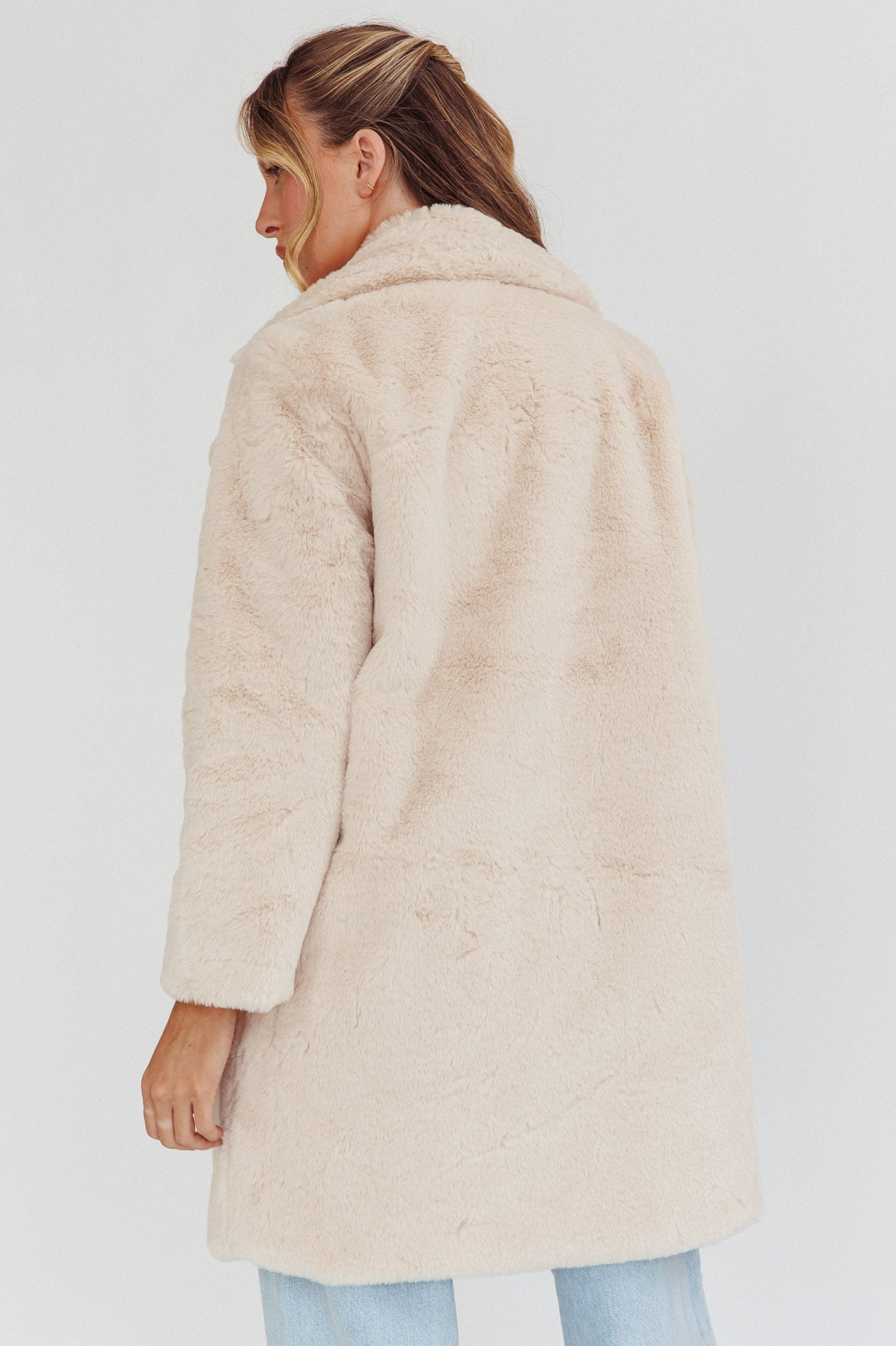 Perceptions Longline Faux Fur Coat Beige by Selfie Leslie Australia