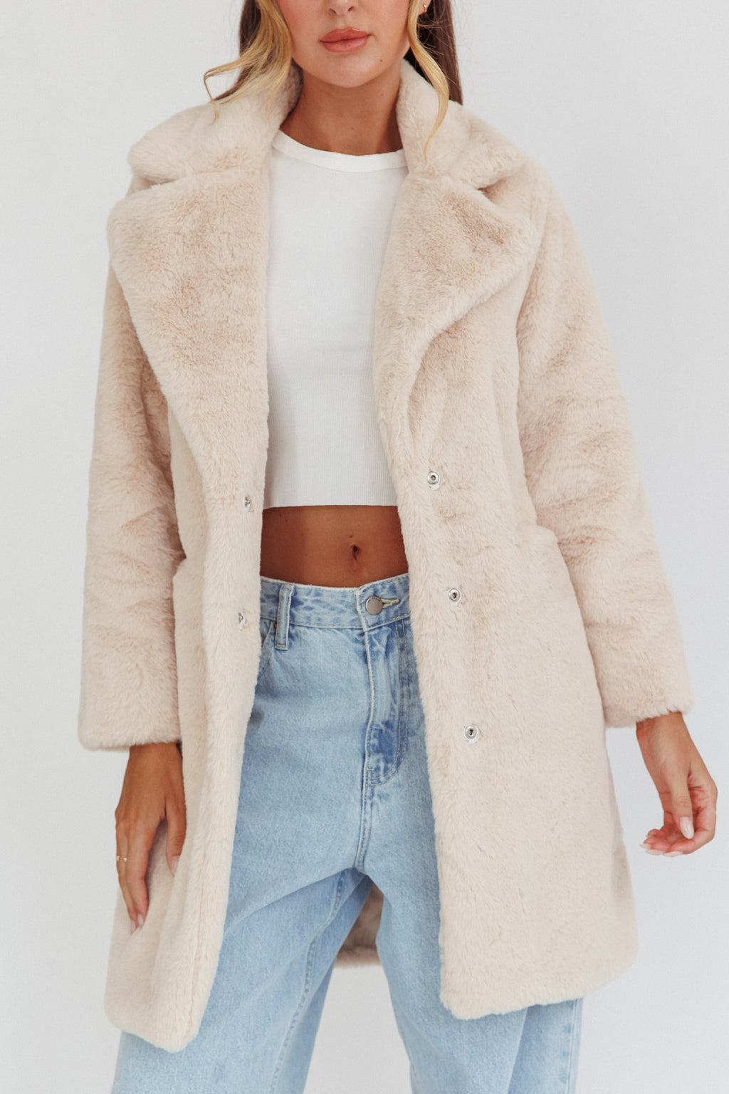 Perceptions Longline Faux Fur Coat Beige by Selfie Leslie Australia