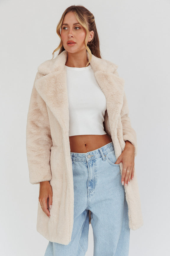Perceptions Longline Faux Fur Coat Beige by Selfie Leslie Australia