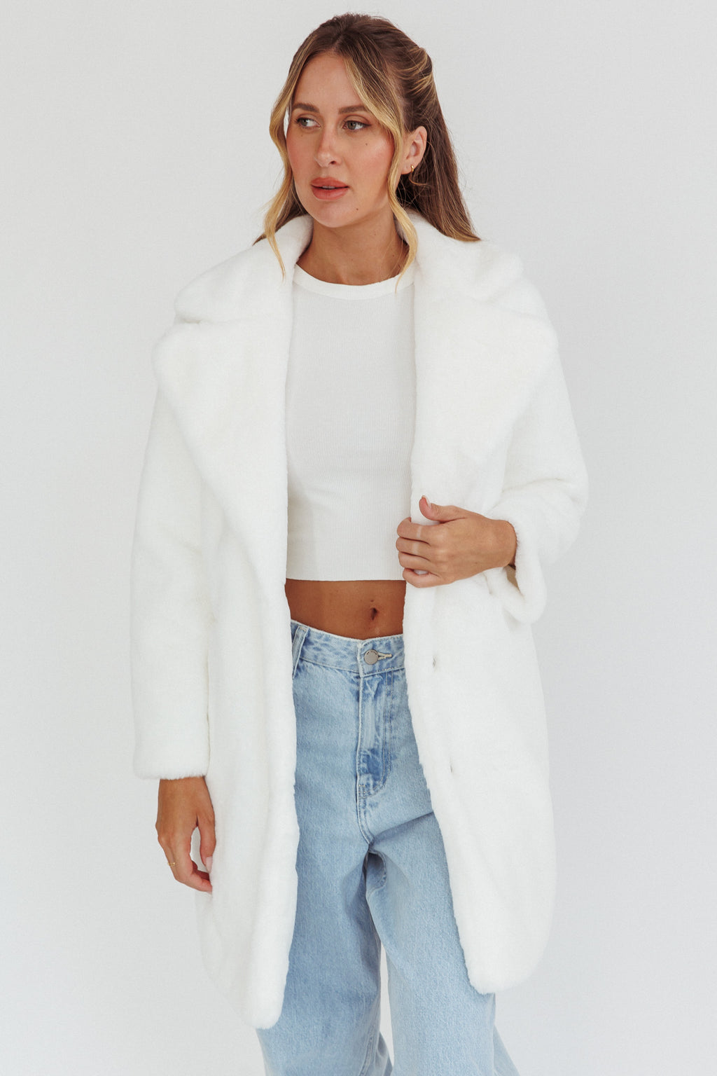 Perceptions Longline Faux Fur Coat White by Selfie Leslie Australia
